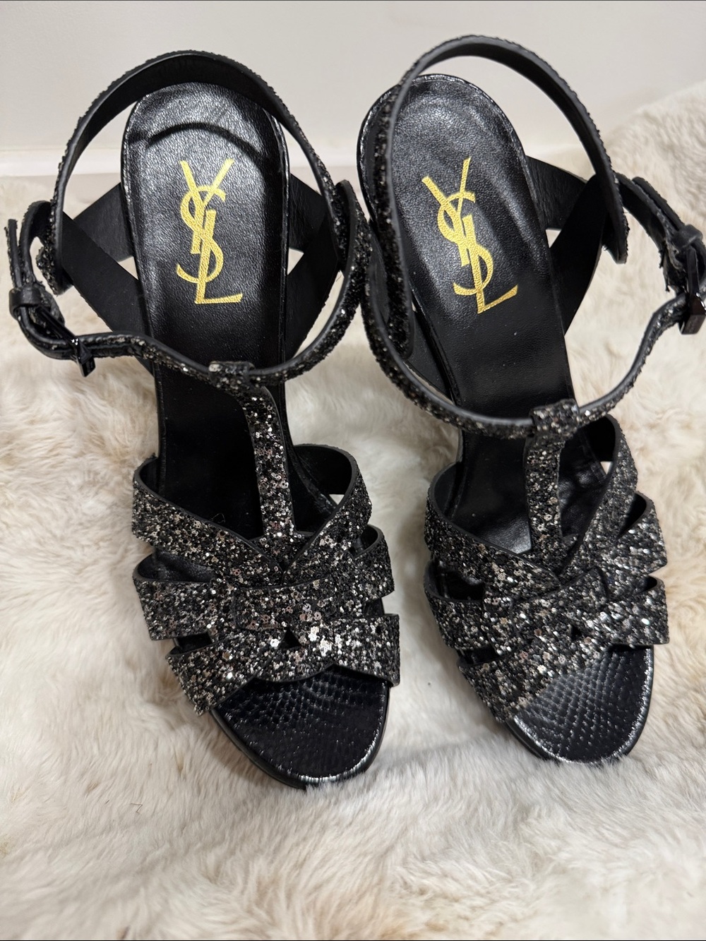 Saint Laurent Black Glitter Strappy T-Bar Heels